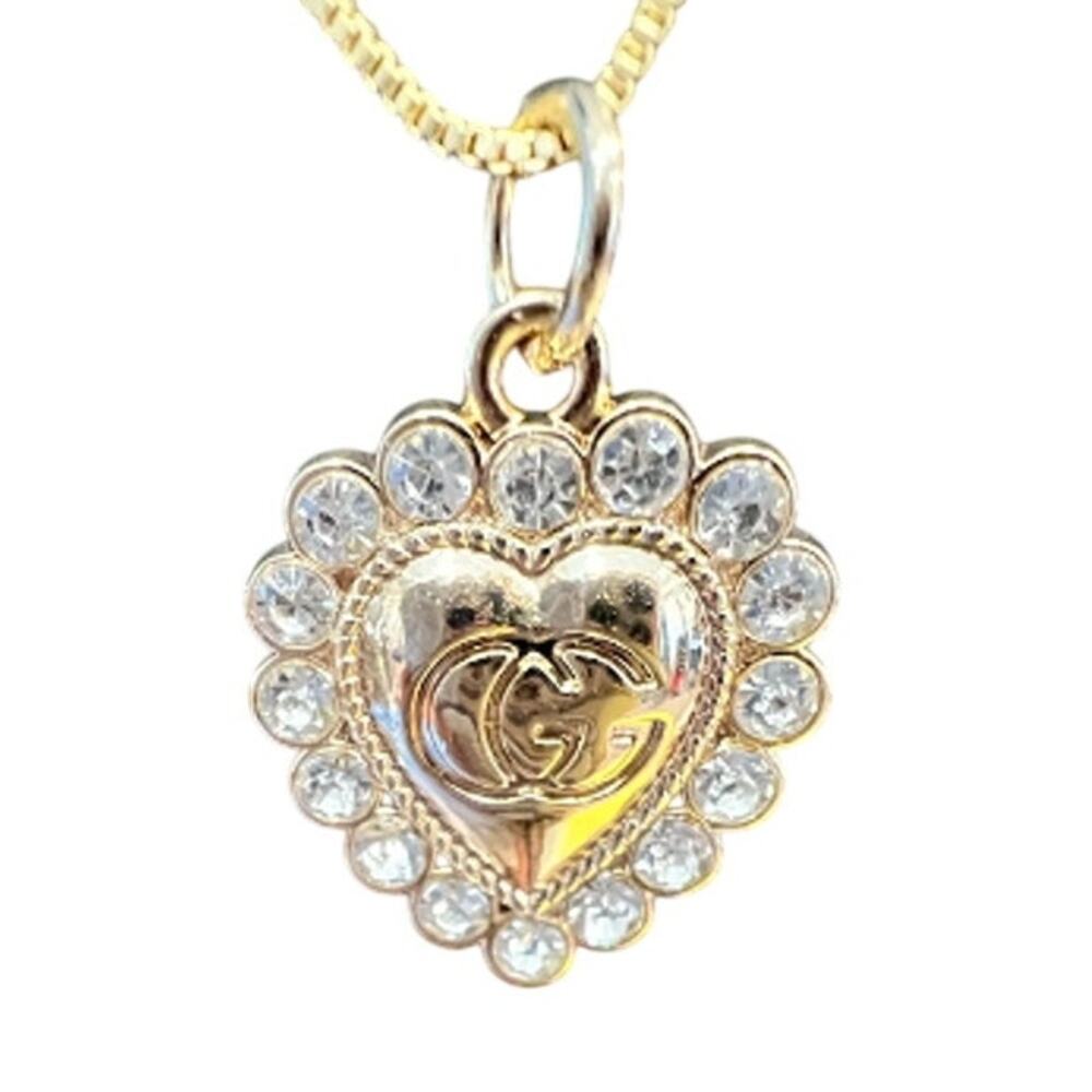 Gucci Gold & Crystal GG Heart Monogram Pendant Necklace (GGXX040) - Picture 2 of 6